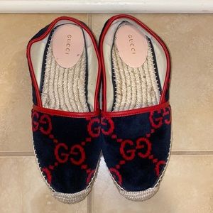 Gucci red and navy suede espadrille sandals